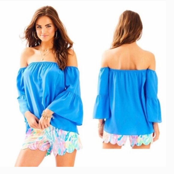 Lilly Pulitzer Sanilla Silk Off the Shoulder Blouse -Blue- Size XXS - Picture 1 of 12